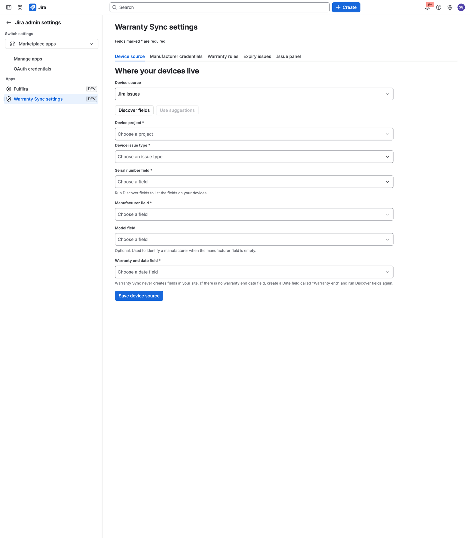 The WarrantySync settings page, showing the five tabs and the unmapped device source