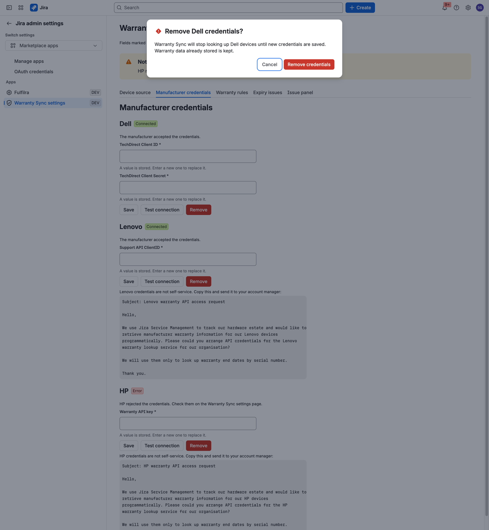 The remove confirmation