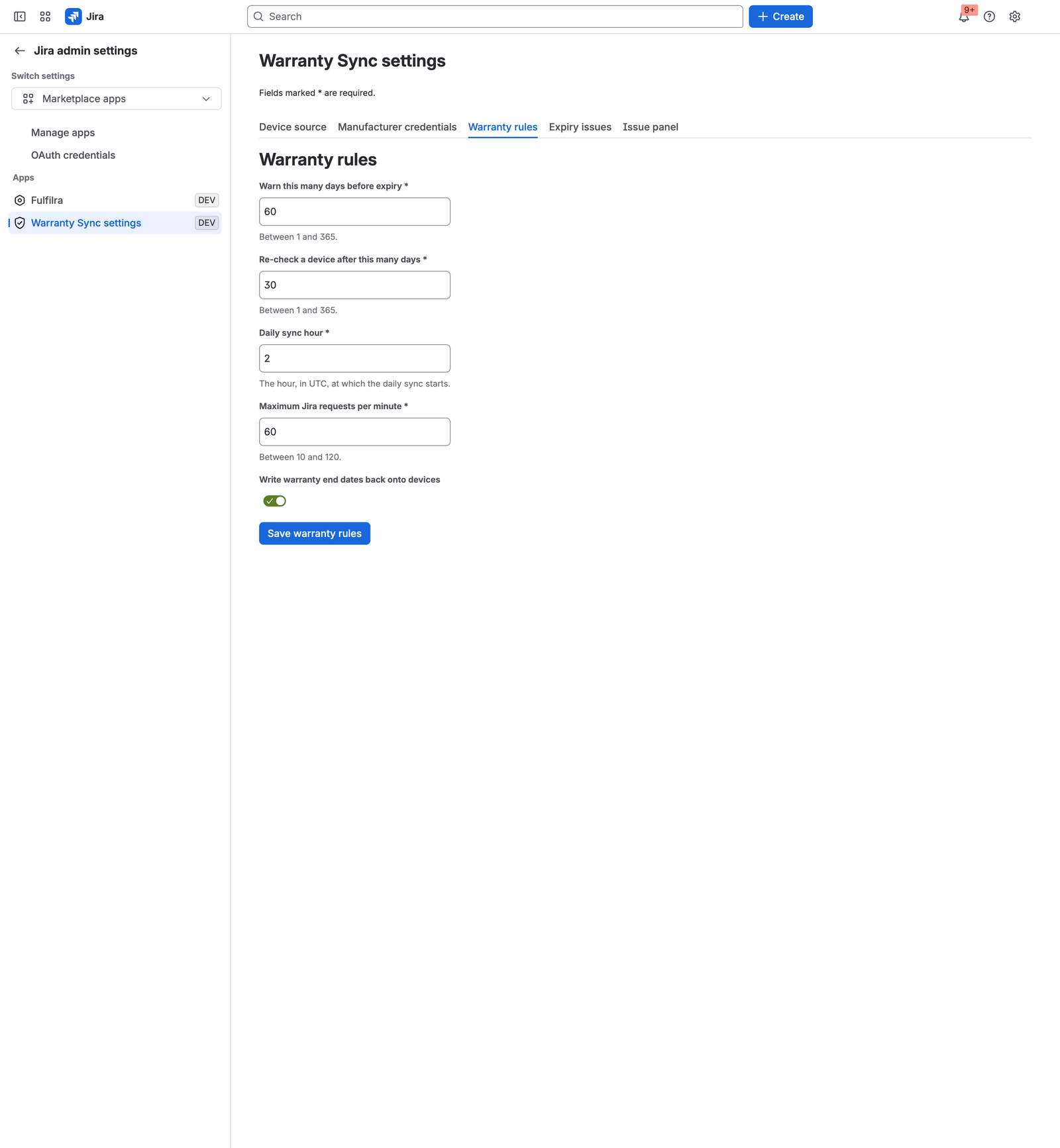 The warranty rules tab