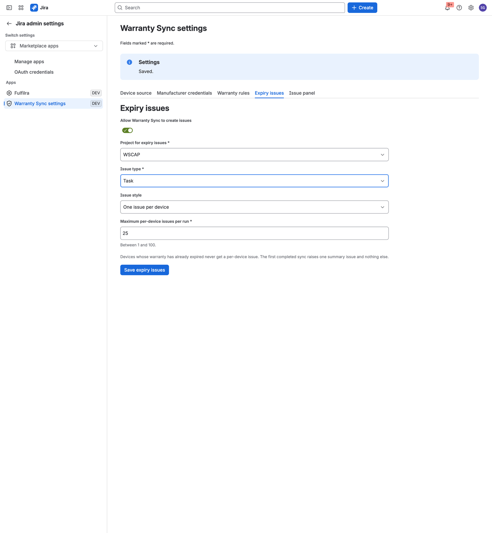 The expiry issues tab