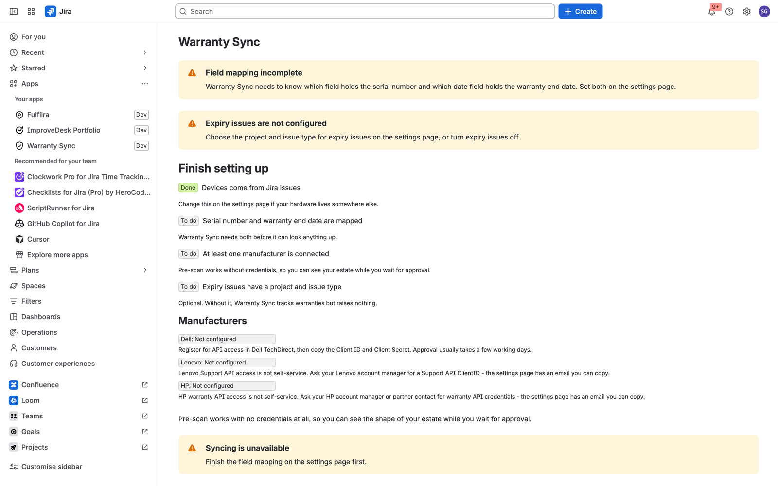 The dashboard before setup, showing the four-step checklist