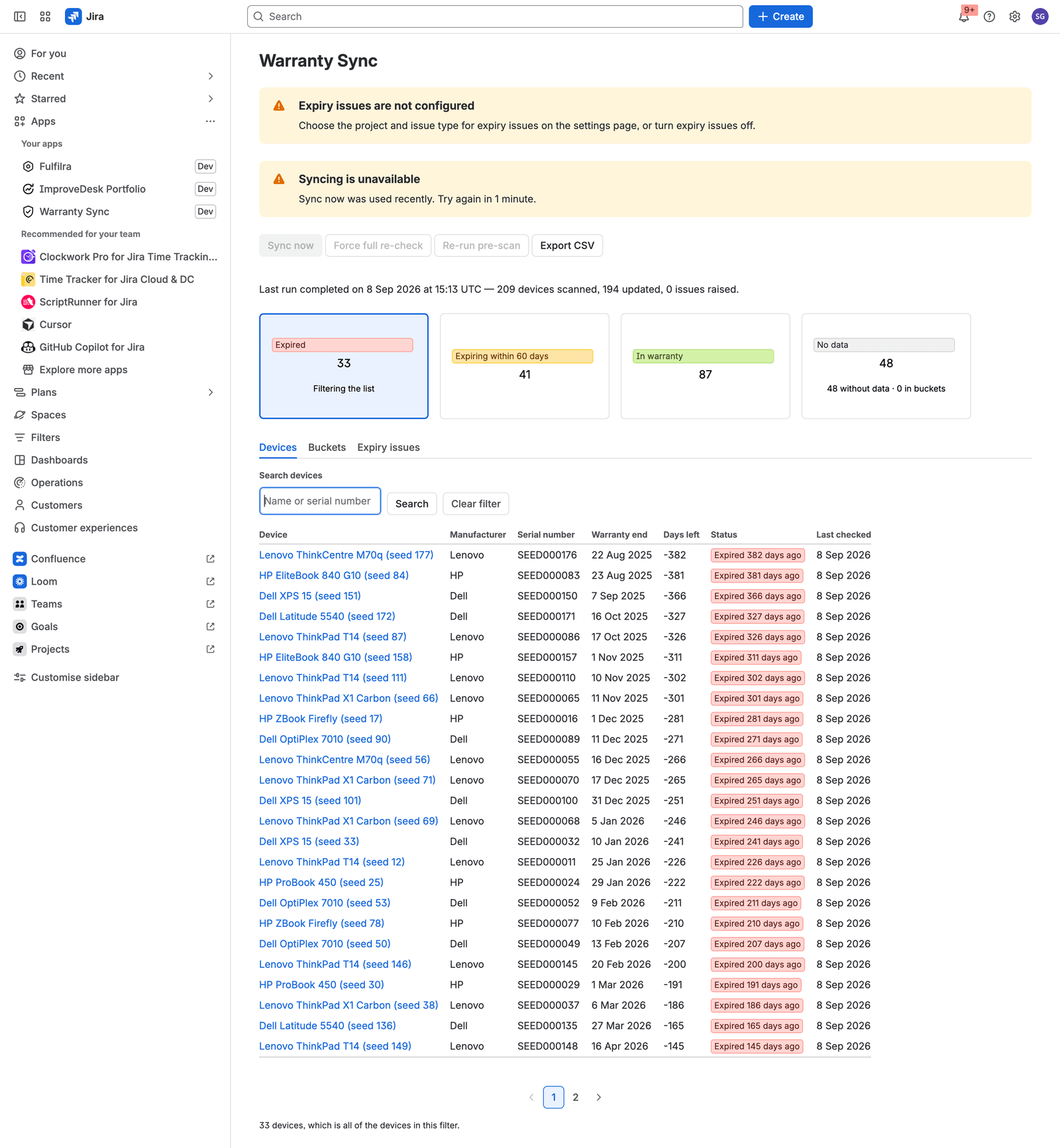 The table filtered to expired devices