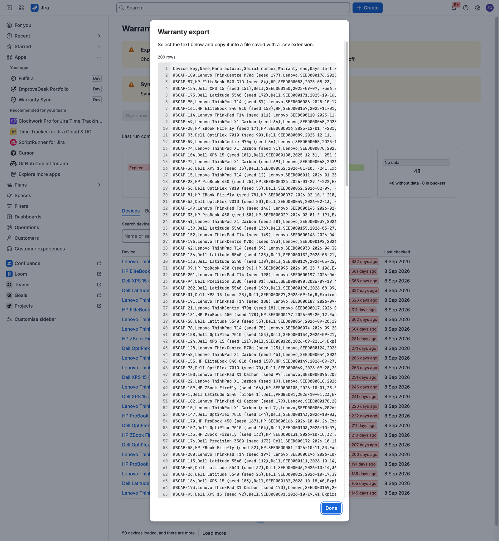 The export modal