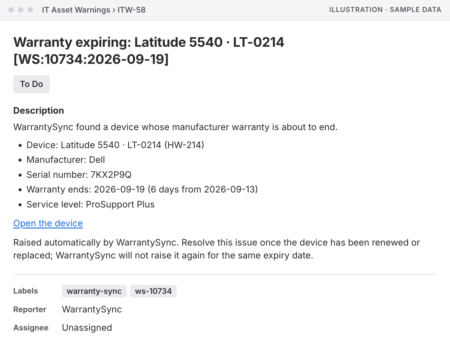Illustration of a per-device expiry issue, with sample data, titled Warranty expiring: Latitude 5540 · LT-0214 [WS:10734:2026-09-19]. Its description, written by WarrantySync, lists the device, the manufacturer Dell, the serial number 7KX2P9Q, the warranty end 2026-09-19, 6 days away, and the service level ProSupport Plus, then links to the device and says the issue will not be raised again for the same expiry date. It carries the labels warranty-sync and ws-10734; the reporter is WarrantySync and nobody is assigned.
