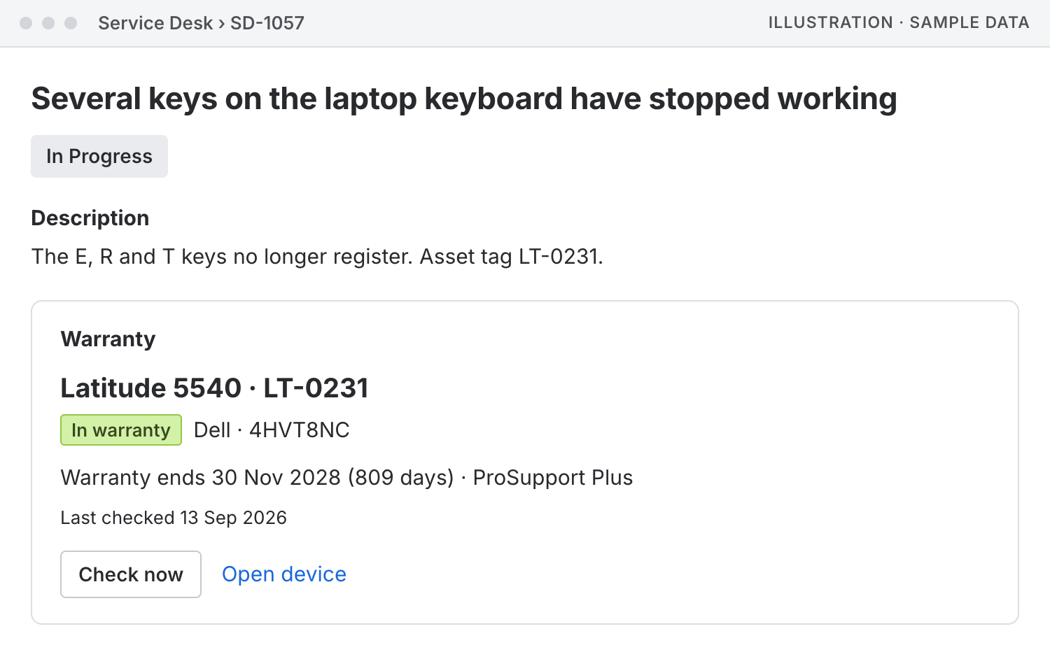 Illustration of the Warranty panel on a service request, with sample data, titled Several keys on the laptop keyboard have stopped working. The panel names the device Latitude 5540 · LT-0231 and shows a green In warranty lozenge beside Dell · 4HVT8NC. It reads Warranty ends 30 Nov 2028 (809 days) · ProSupport Plus, then Last checked 13 Sep 2026, with a Check now button and an Open device link.