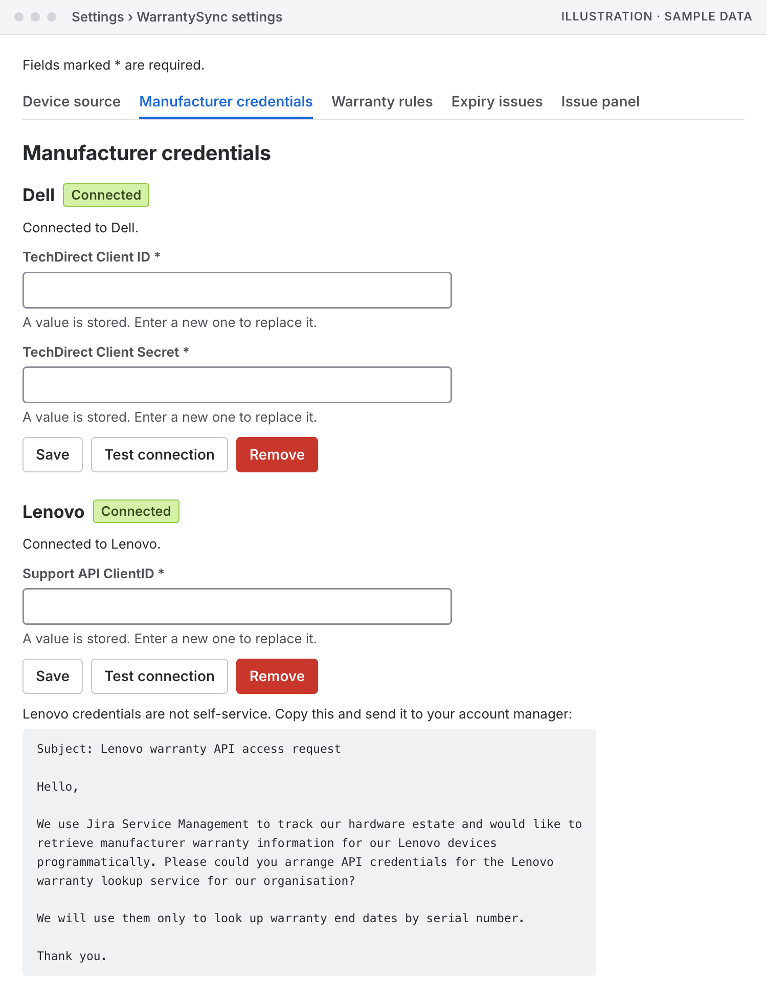 Illustration of the Manufacturer credentials tab of the settings page. The Dell and Lenovo cards each carry a green Connected lozenge and the line Connected to Dell or Connected to Lenovo. Every credential box is empty, with the note A value is stored. Enter a new one to replace it. Each card has Save, Test connection and Remove buttons, and Lenovo's ends with the request email an administrator can send to their account manager. HP's card follows, out of frame.