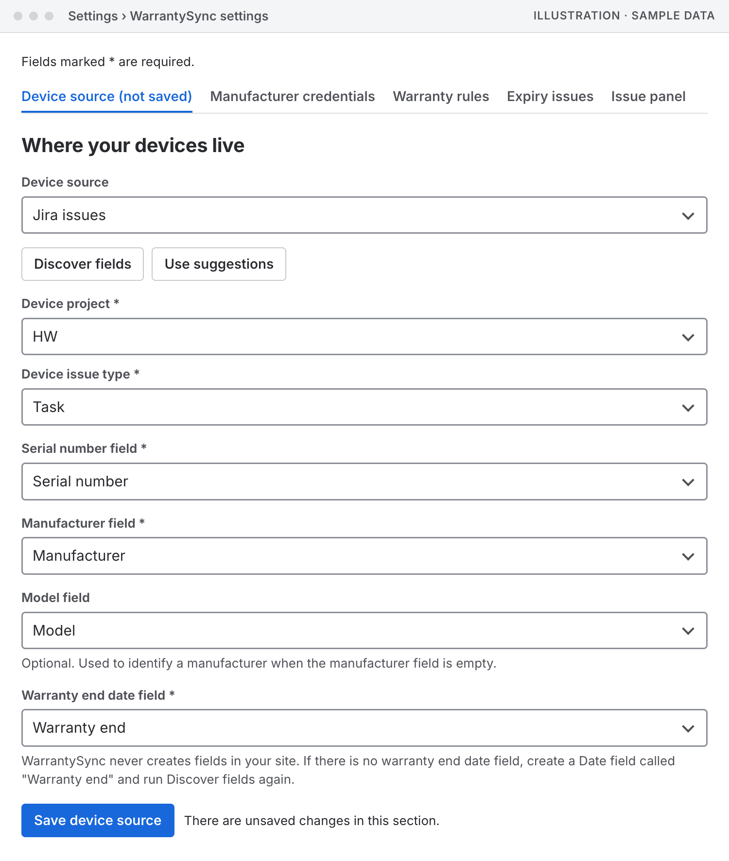 Illustration of the Device source tab of the settings page, with sample data, after Discover fields and Use suggestions. The tab reads Device source (not saved). The device project is HW and the issue type Task, and the serial number, manufacturer, model and warranty end date fields each hold a suggested field in a dropdown an administrator can override. A note says WarrantySync never creates fields in your site. A Save device source button sits beside the line There are unsaved changes in this section.