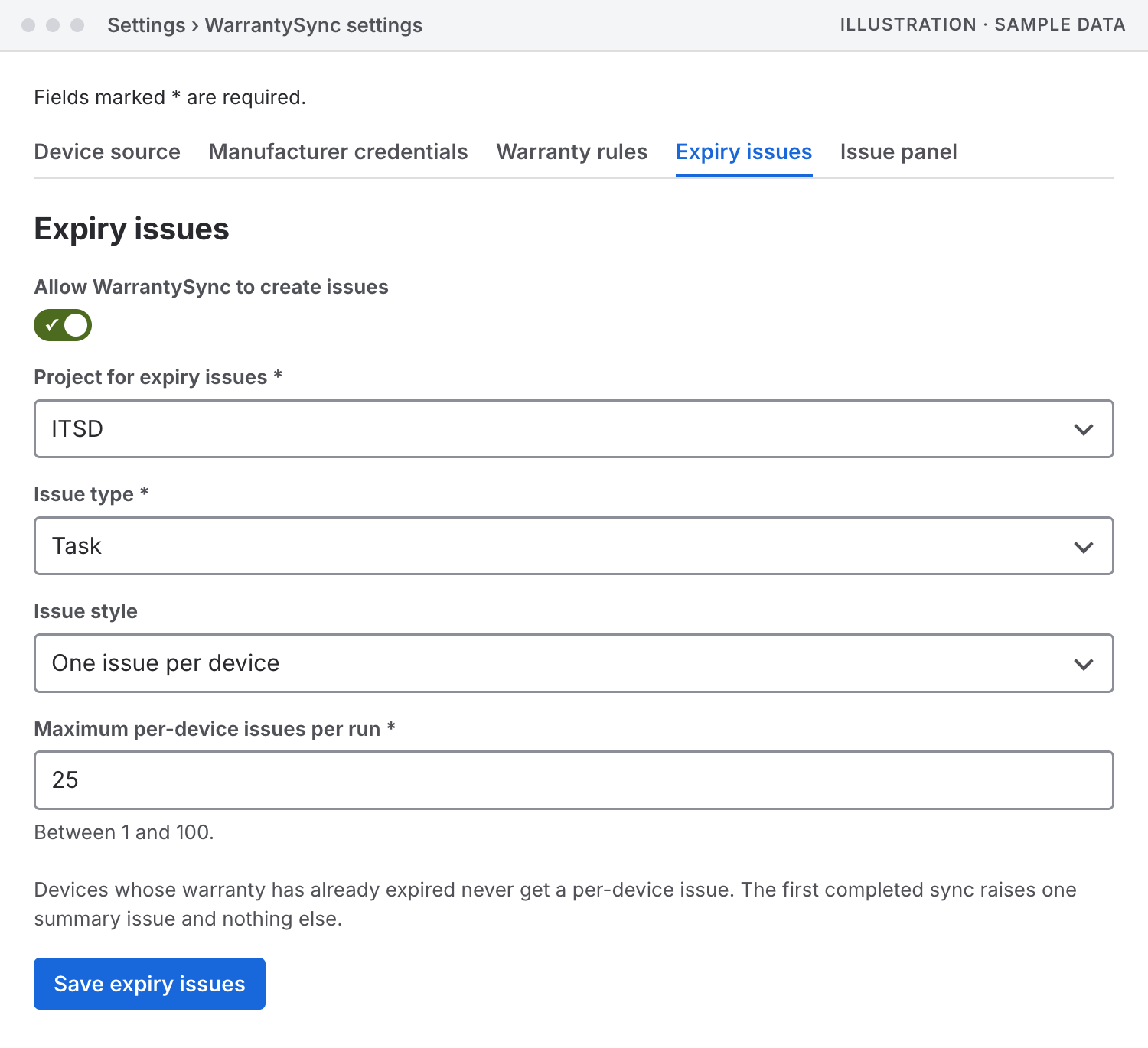 Illustration of the Expiry issues tab of the settings page, with sample data. The Allow WarrantySync to create issues switch is on. The project for expiry issues is ITSD and the issue type Task, the issue style is One issue per device, and the maximum per-device issues per run is 25, between 1 and 100. A note says devices whose warranty has already expired never get a per-device issue, and the first completed sync raises one summary issue and nothing else.