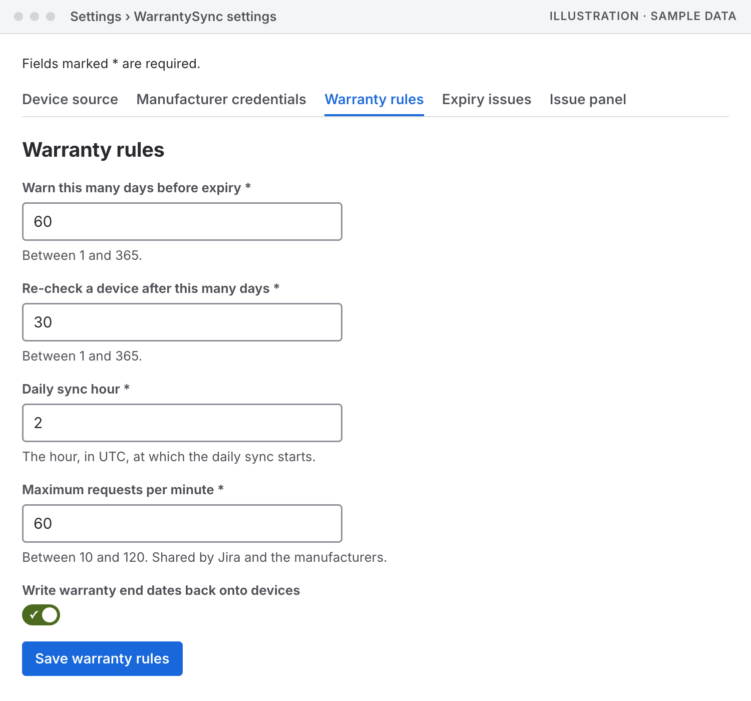 Illustration of the Warranty rules tab of the settings page at its defaults. Warn this many days before expiry, 60, between 1 and 365. Re-check a device after this many days, 30, between 1 and 365. Daily sync hour, 2, the hour in UTC at which the daily sync starts. Maximum requests per minute, 60, between 10 and 120, shared by Jira and the manufacturers. Below them, the switch to write warranty end dates back onto devices, turned on, and a Save warranty rules button.